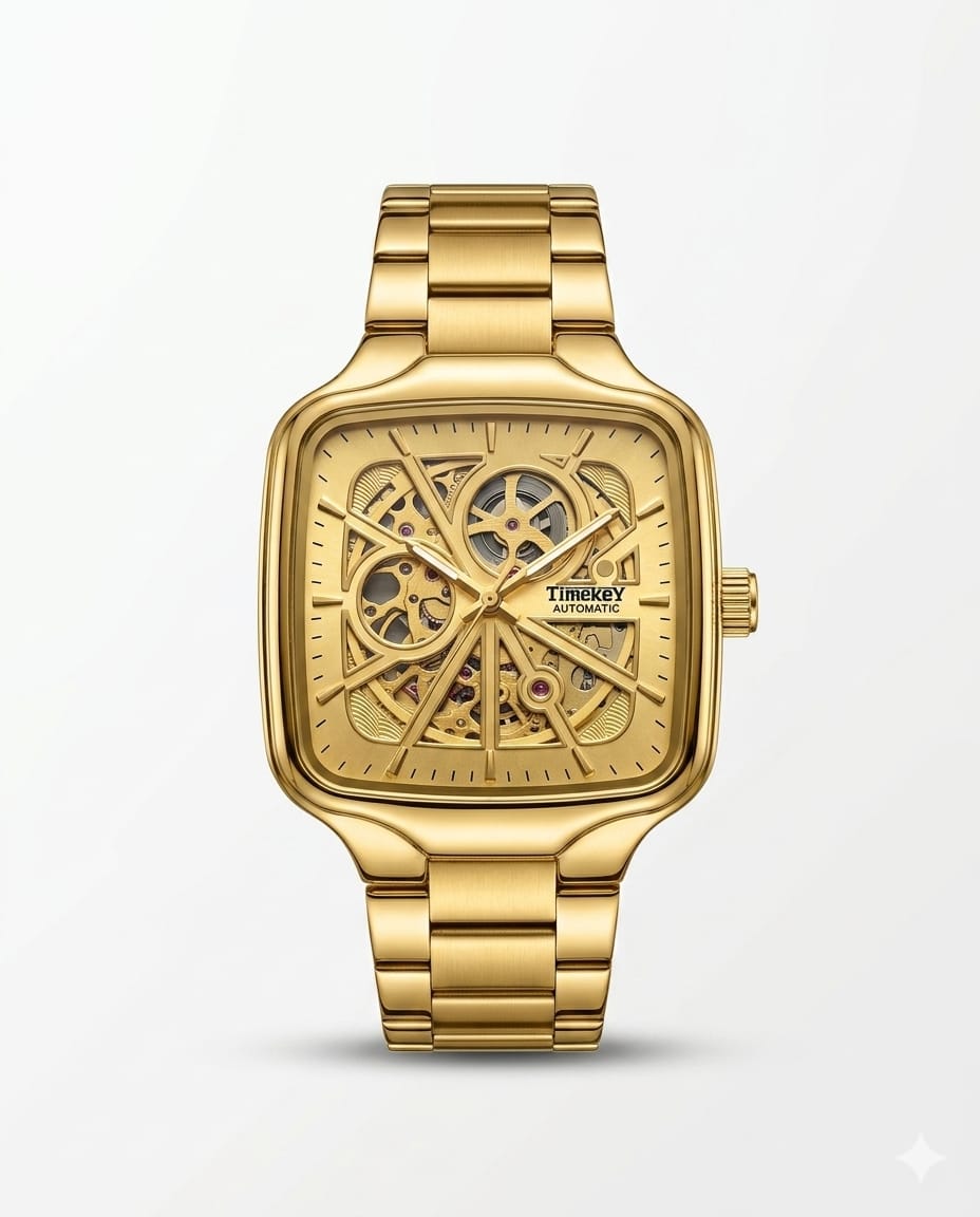 Timekey "Architect" Square Skeleton Automatic – Two-Tone Gold & Silver Luxury Watch