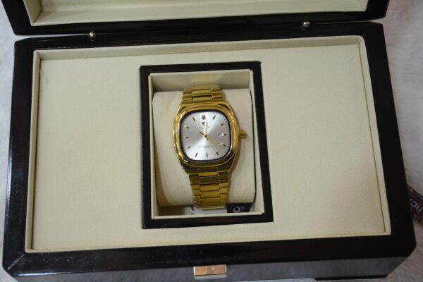 golden square body silver dial