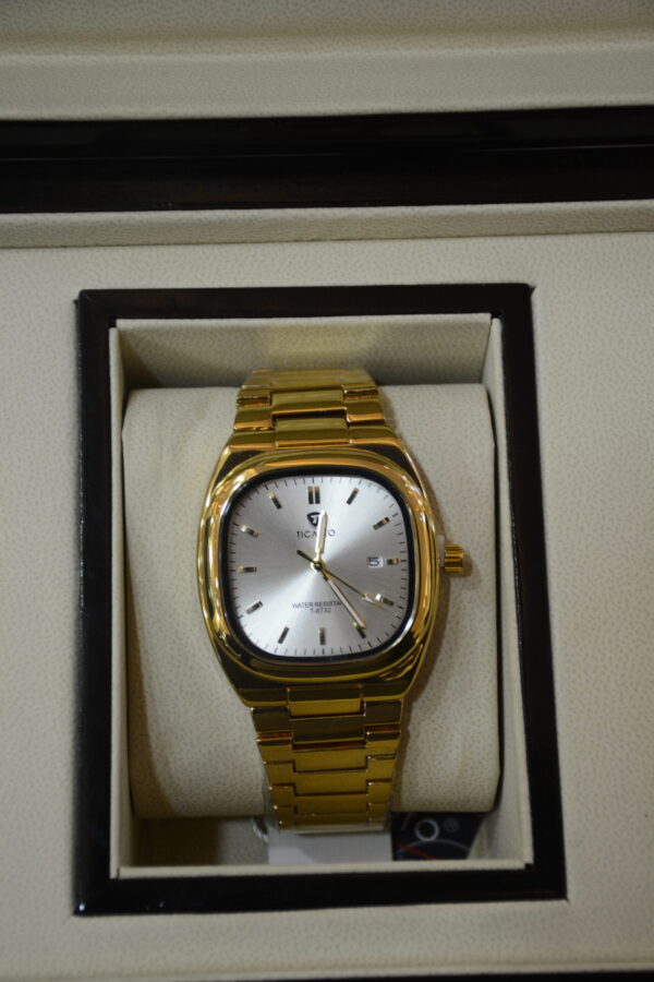 golden square body silver dial