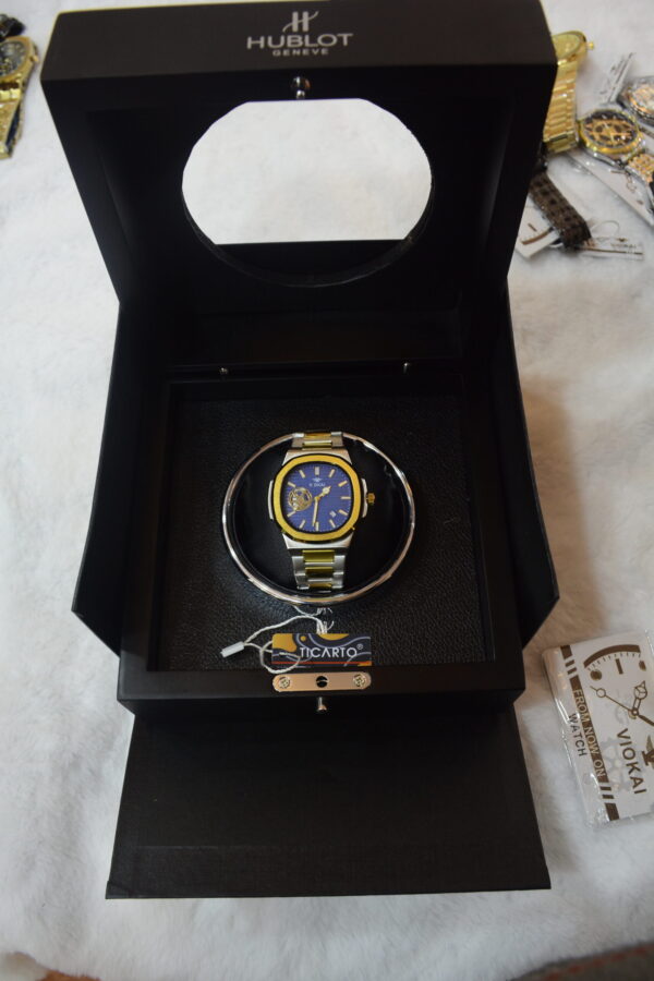 silver golden body dark blue dial